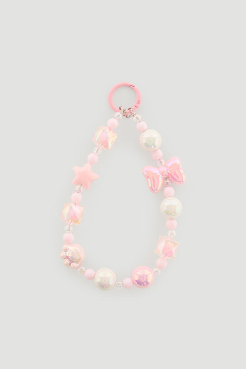 Pink beaded charm with star, bow, and pearl-like beads designed for girls’ bags or accessories.