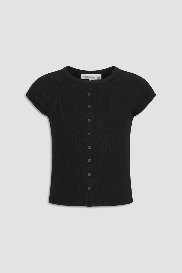 Girls Riley Rib T-Shirt in black ribbed fabric with front buttons, a versatile top by DECJUBA Australian fashion brand