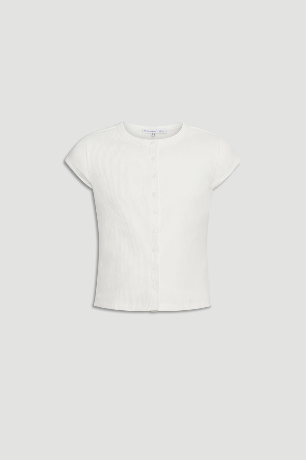Girls Riley Rib T-Shirt in soft white fabric with delicate front buttons, a versatile top by DECJUBA Australian fashion brand