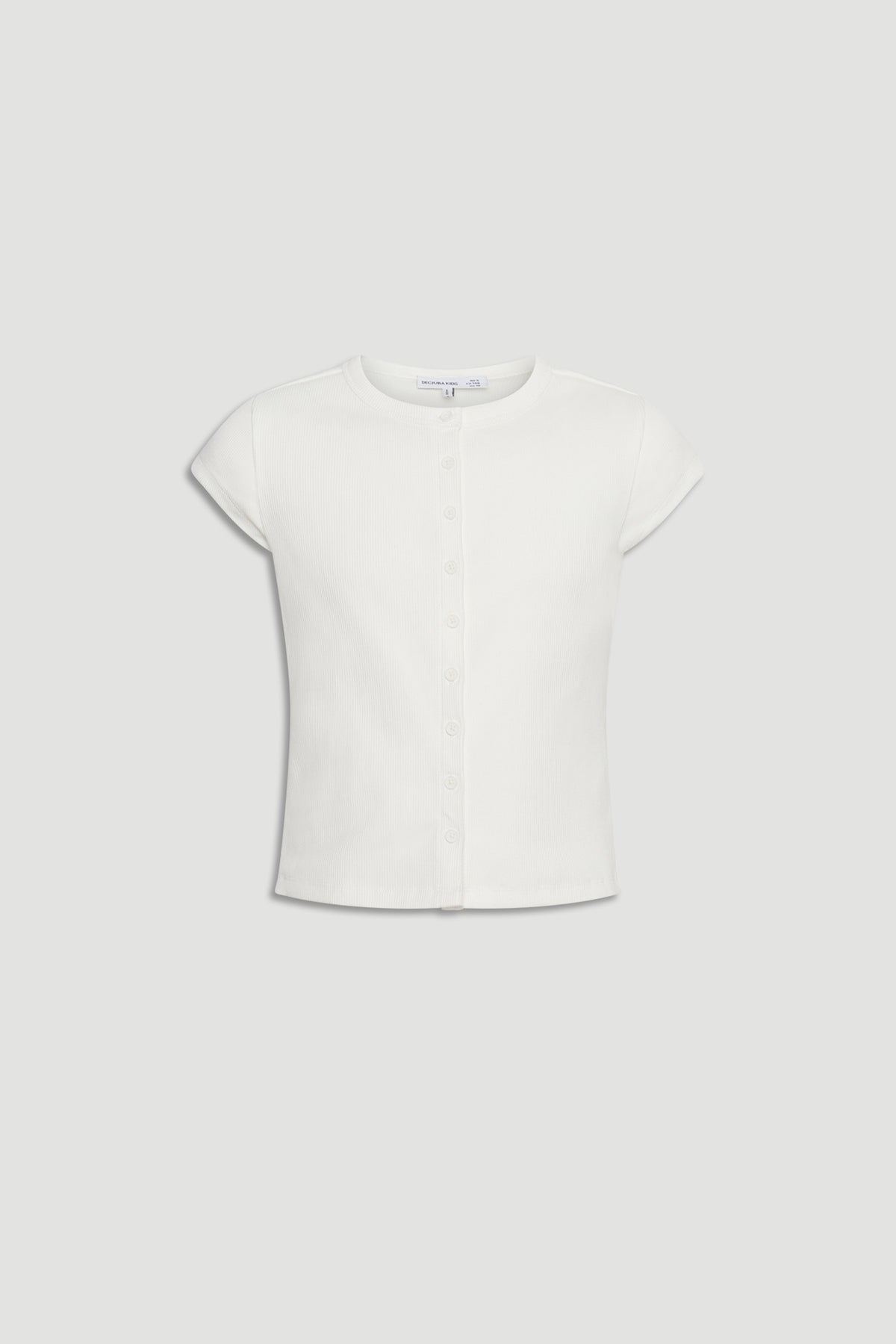 Girls Riley Rib T-Shirt in soft white fabric with delicate front buttons, a versatile top by DECJUBA Australian fashion brand
