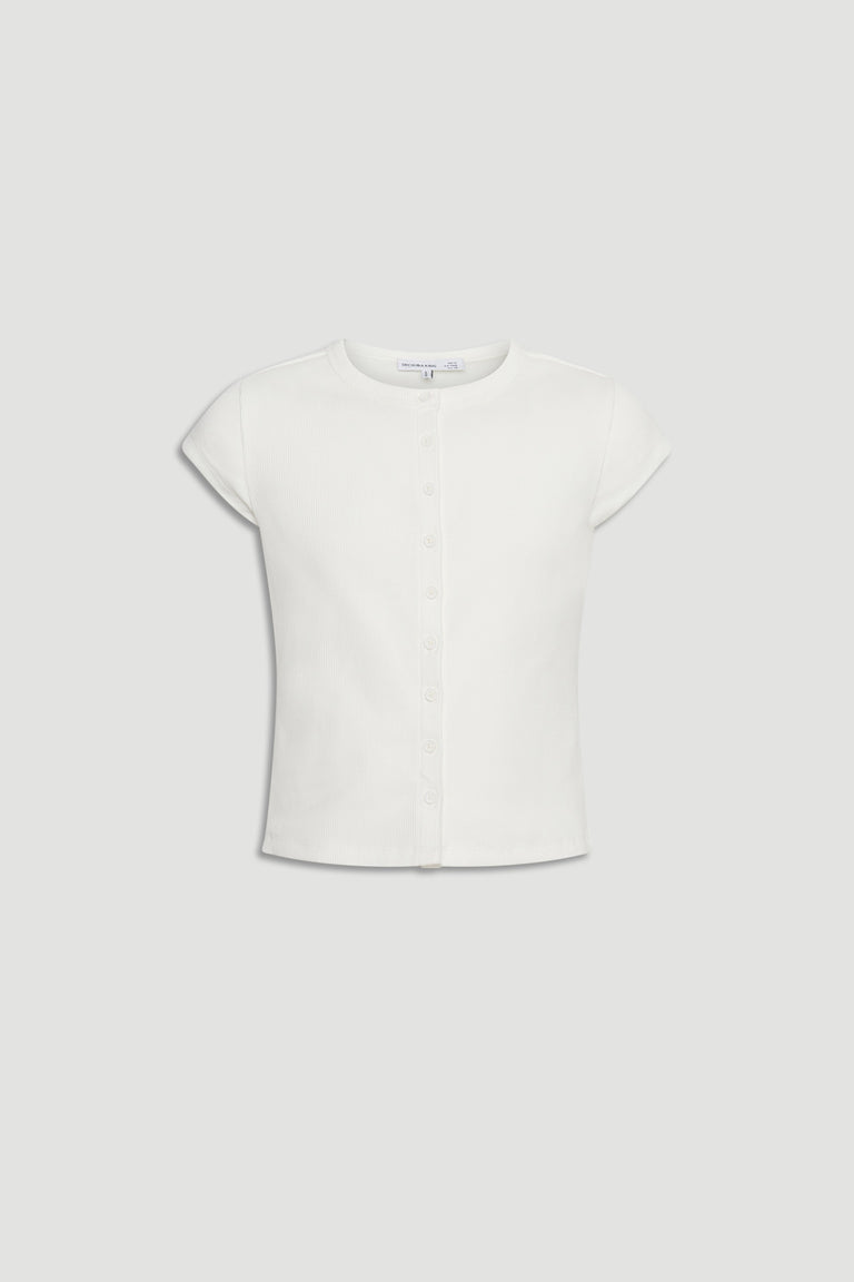 Girls Riley Rib T-Shirt in soft white fabric with delicate front buttons, a versatile top by DECJUBA Australian fashion brand