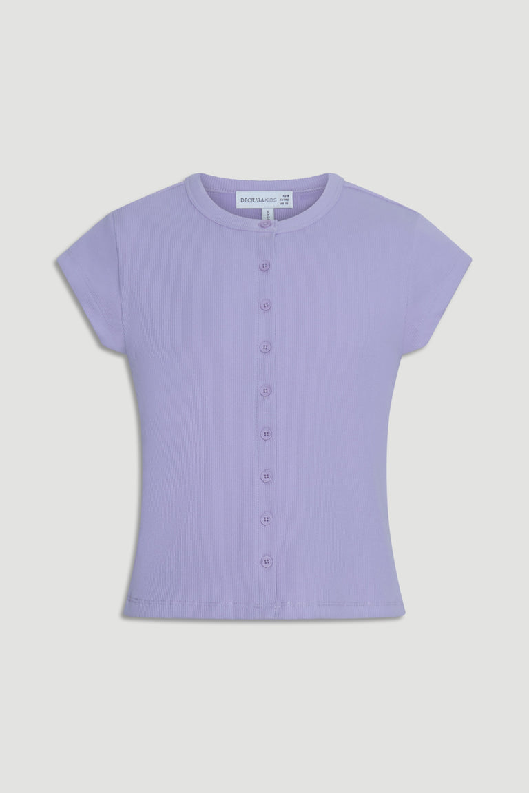 Light purple ribbed girls tee with short sleeves and front button details in a casual, versatile style.