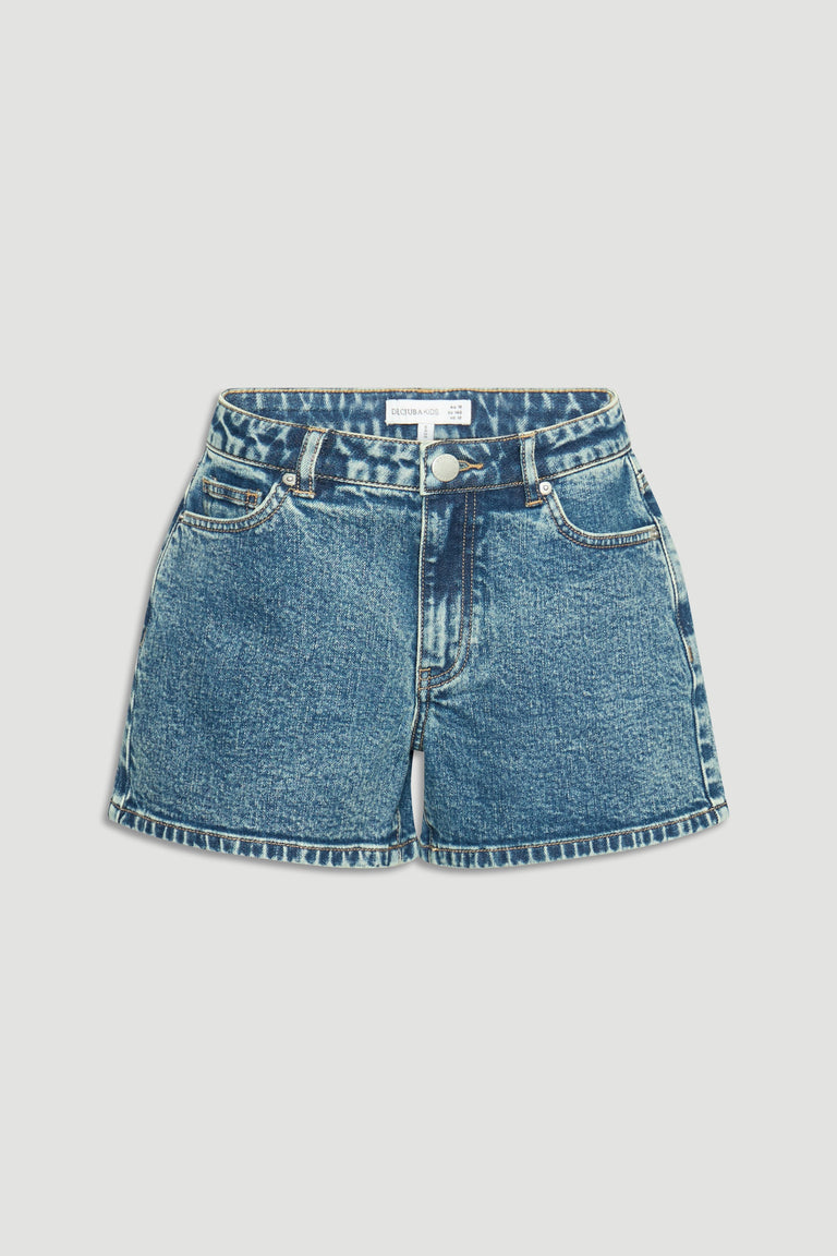 Girls denim shorts in a classic blue wash with a high waist, front button, and relaxed leg opening.