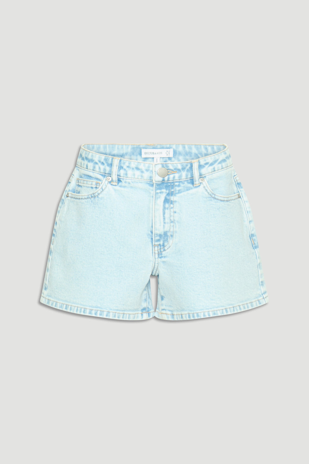 Light wash girls denim shorts with a relaxed fit, classic five-pocket style, and a button waist closure.
