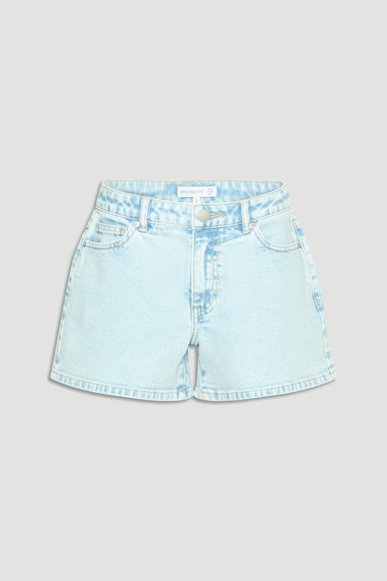 Light wash girls denim shorts with a relaxed fit, classic five-pocket style, and a button waist closure.