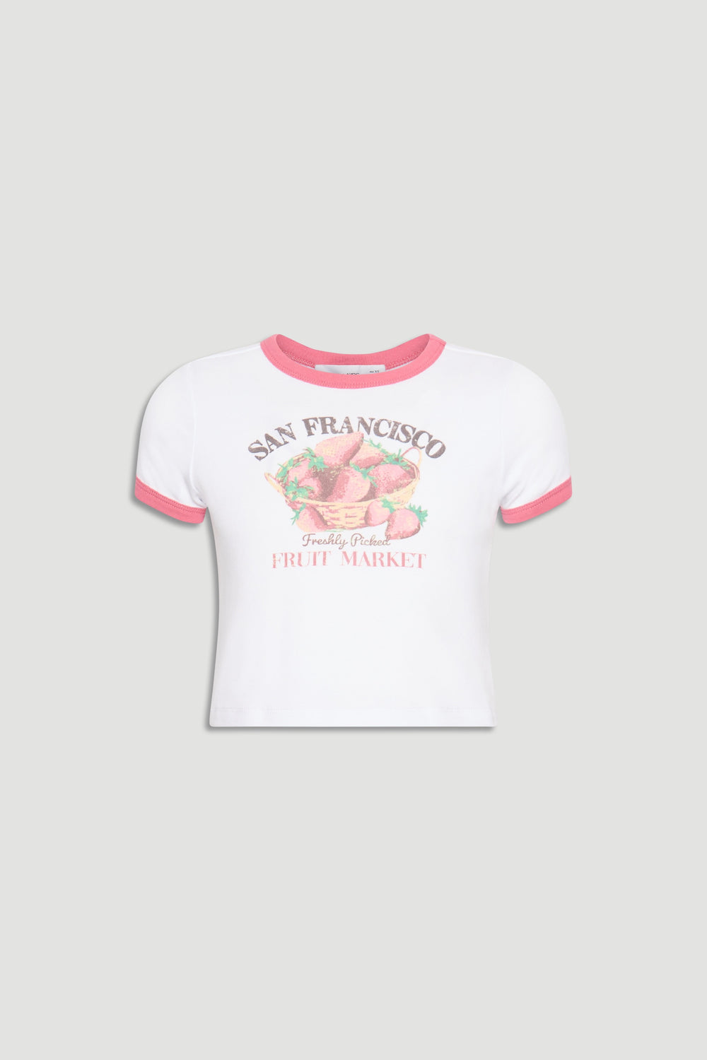 White girls tee with pink ringer neckline and sleeves, featuring a vintage strawberry market graphic print.