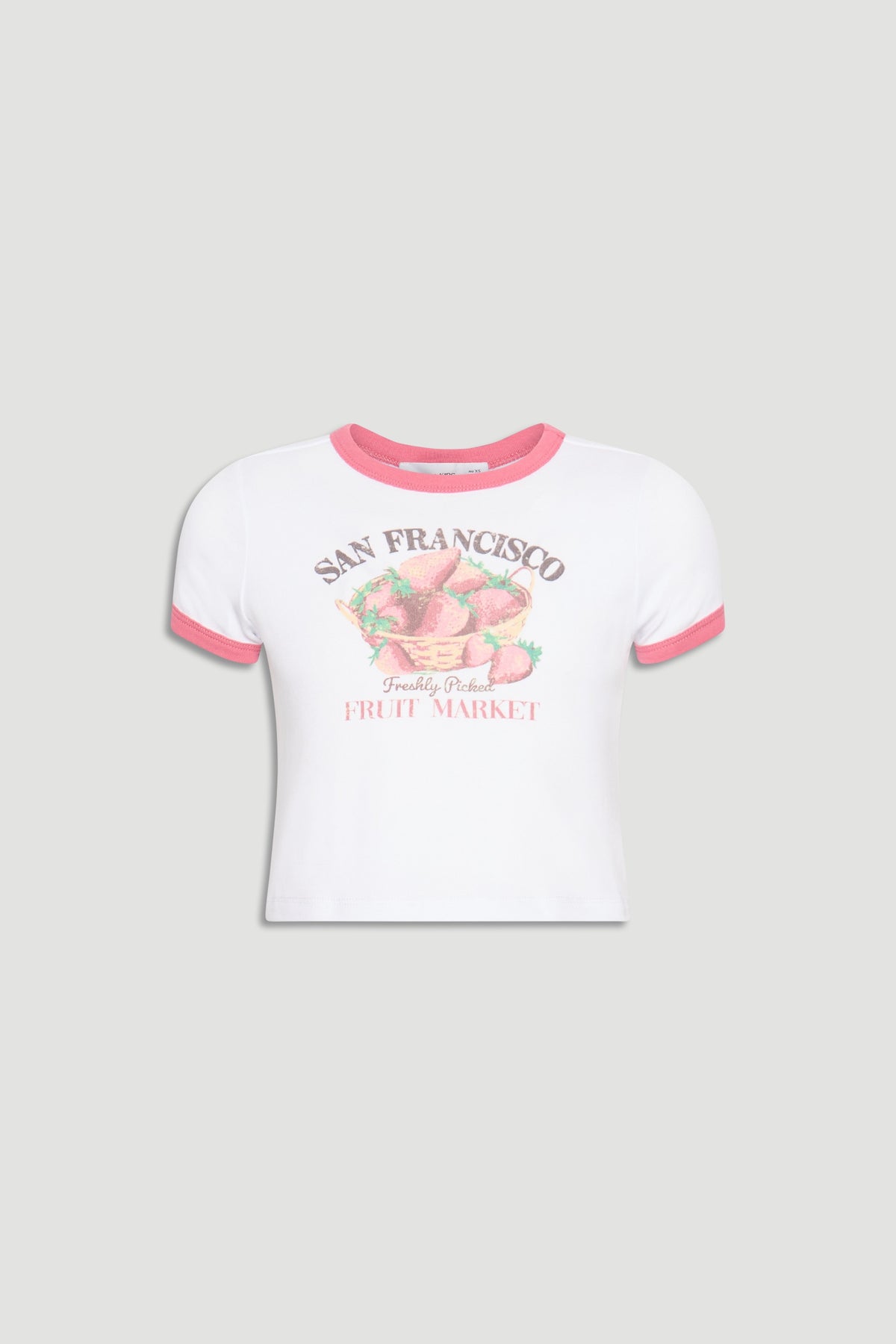 White girls tee with pink ringer neckline and sleeves, featuring a vintage strawberry market graphic print.