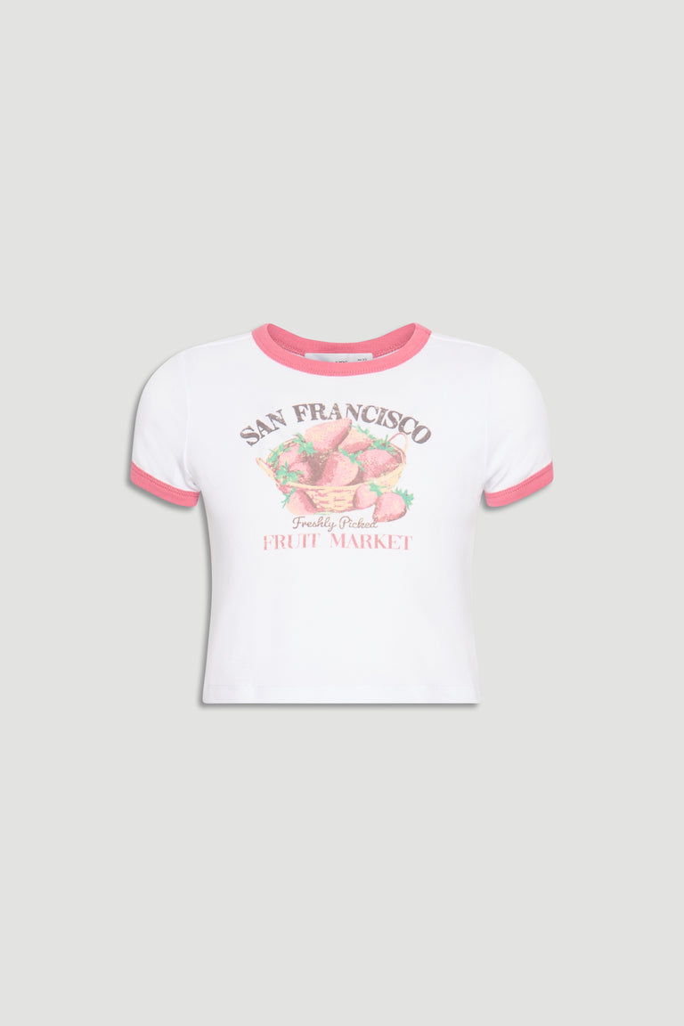 White girls tee with pink ringer neckline and sleeves, featuring a vintage strawberry market graphic print.