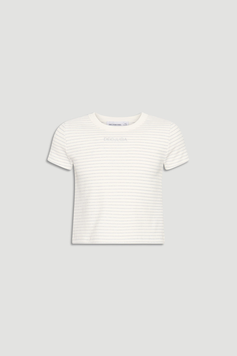 Girls white crop tee with subtle silver horizontal stripes and a classic crew neckline, made for everyday wear.