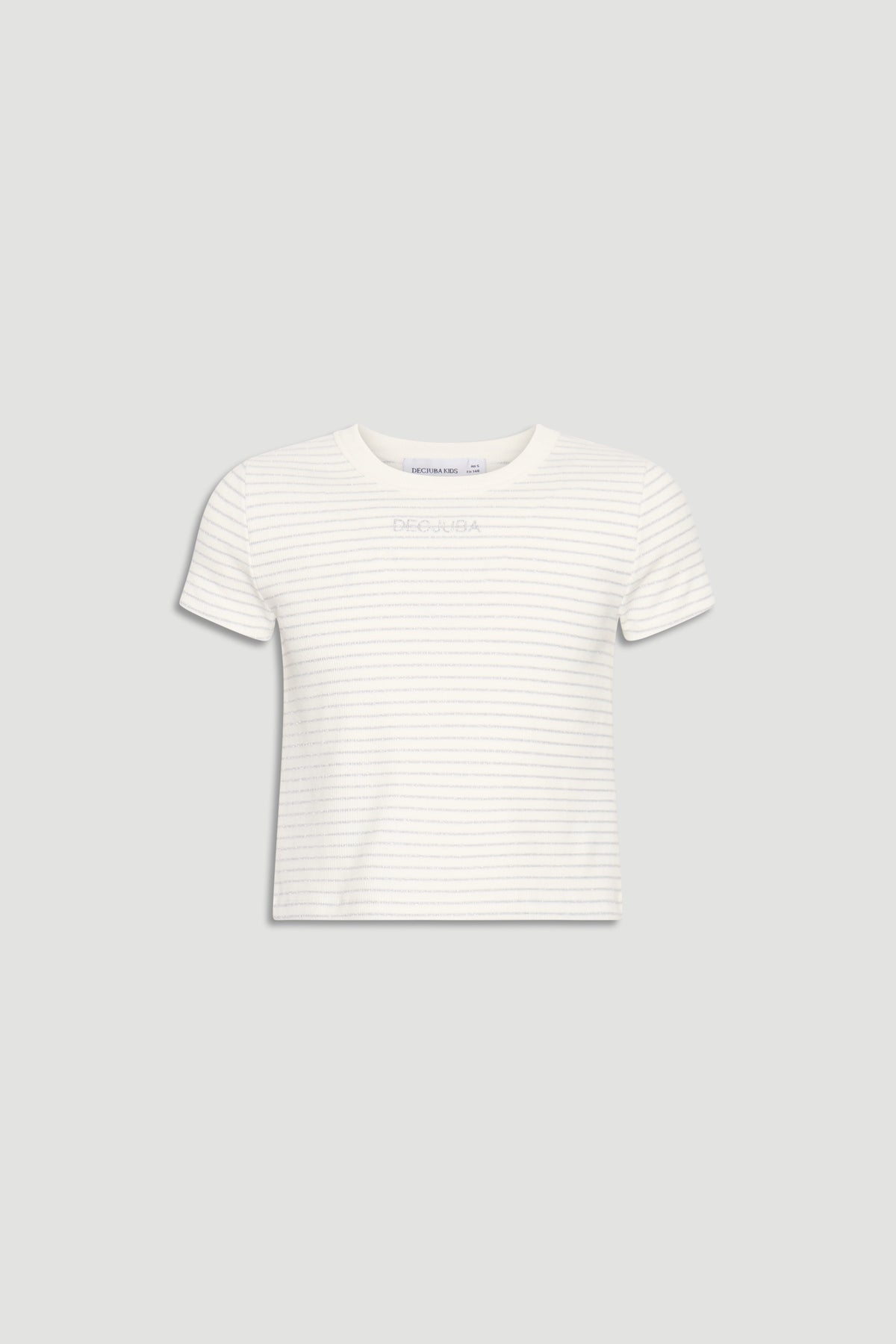 Girls white crop tee with subtle silver horizontal stripes and a classic crew neckline, made for everyday wear.