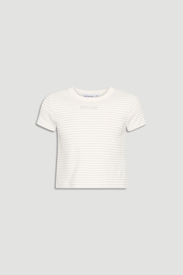Girls white crop tee with subtle silver horizontal stripes and a classic crew neckline, made for everyday wear.