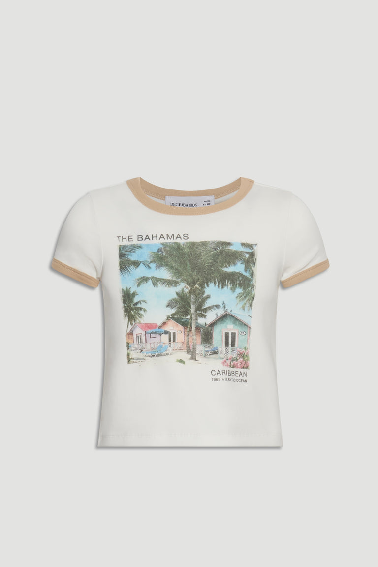 White girls' cropped ringer tee with beige trim featuring a colorful Bahamas beach scene print on front.