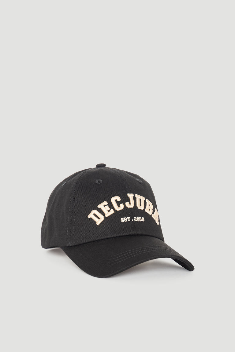 Black varsity-style cap with curved brim and embroidered text detail on front panel