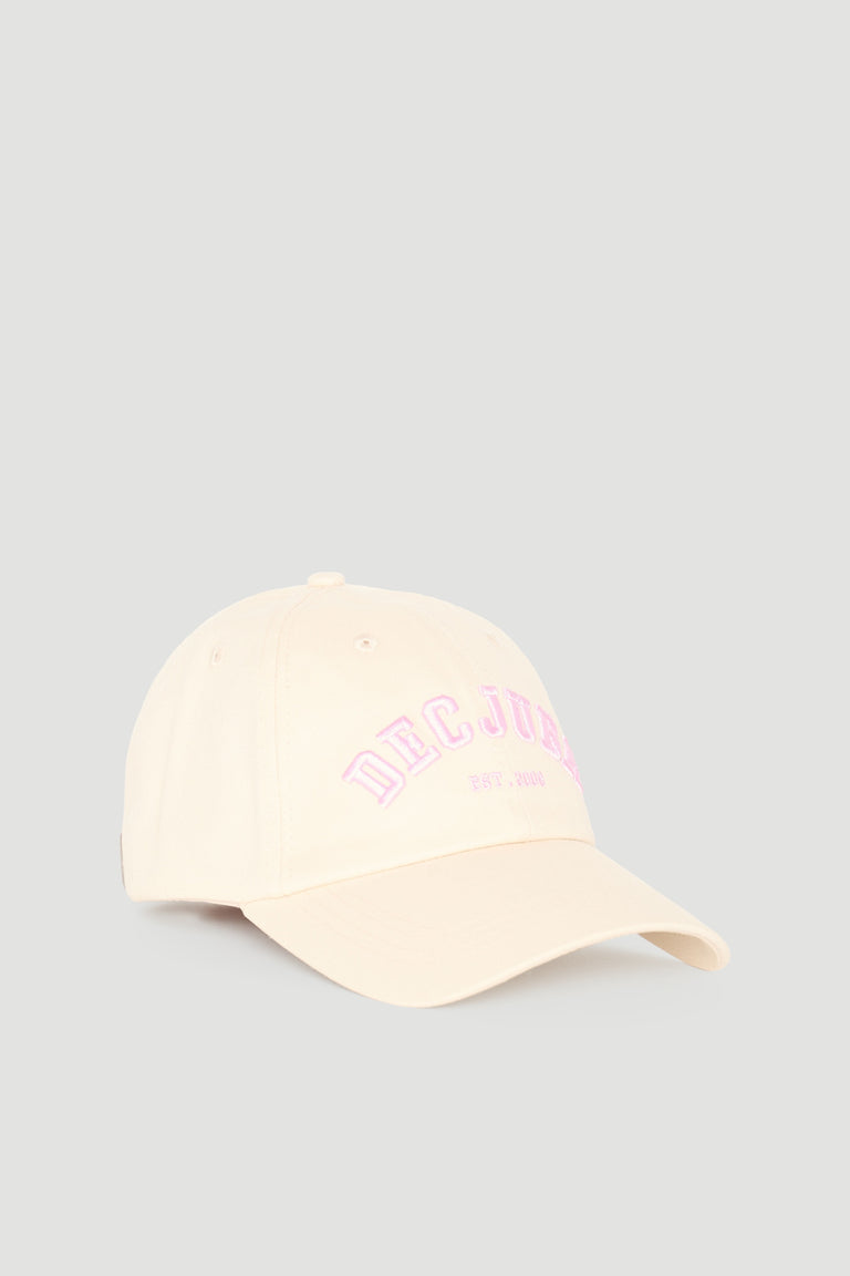 Ecru-colored girls varsity cap with soft pink embroidered lettering for casual everyday wear