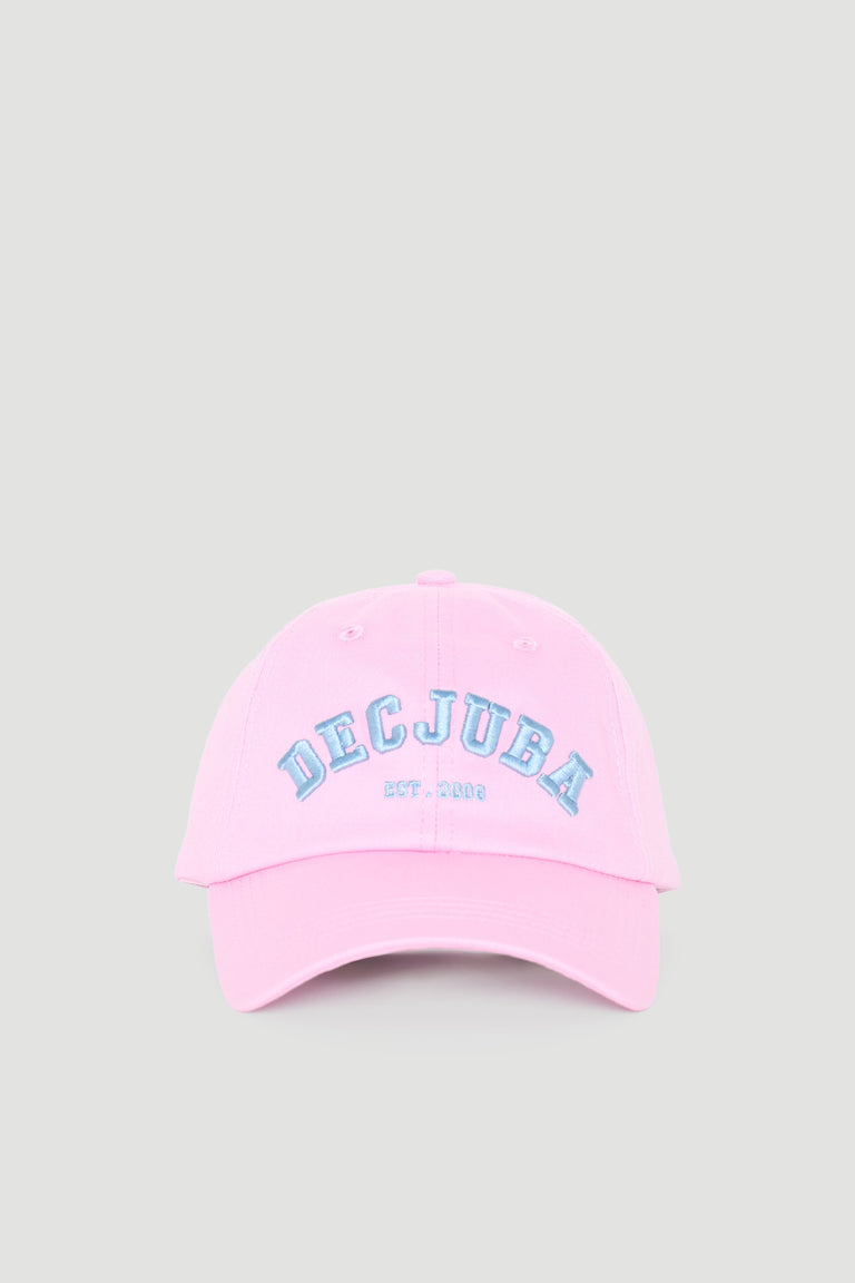 Soft pink varsity-style cap with bold blue embroidered lettering on front, perfect for casual girls’ wear.