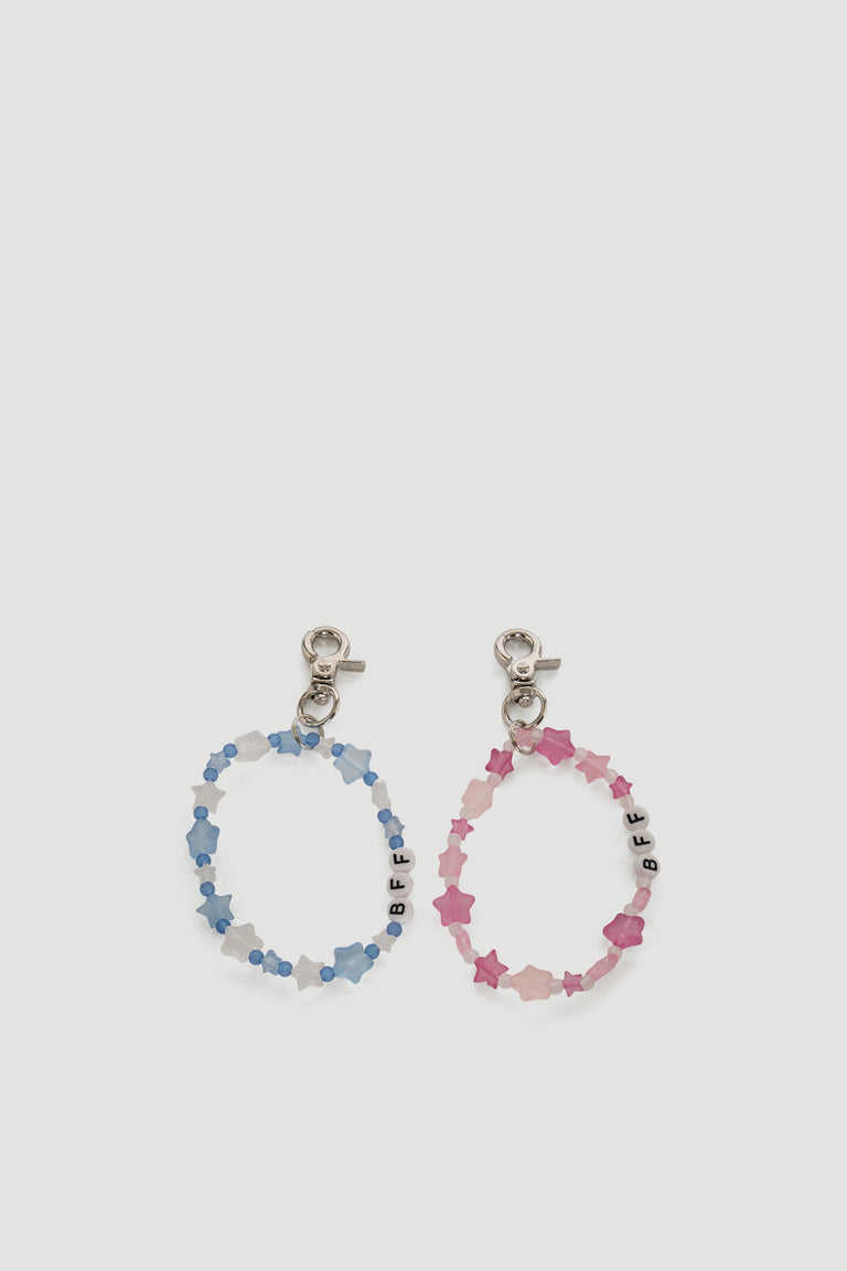 Set of pink and blue beaded bag charms with star shapes and BFF letter beads on silver clips.