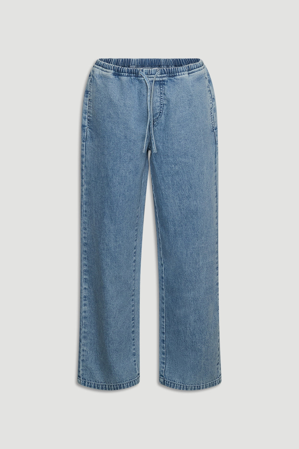 Light blue girls’ denim pants with elastic waistband and drawstring for a comfortable, casual fit.