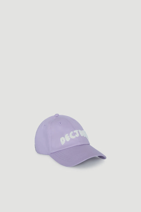 Lilac shearling cap for girls featuring soft textured lettering and a classic curved brim design.