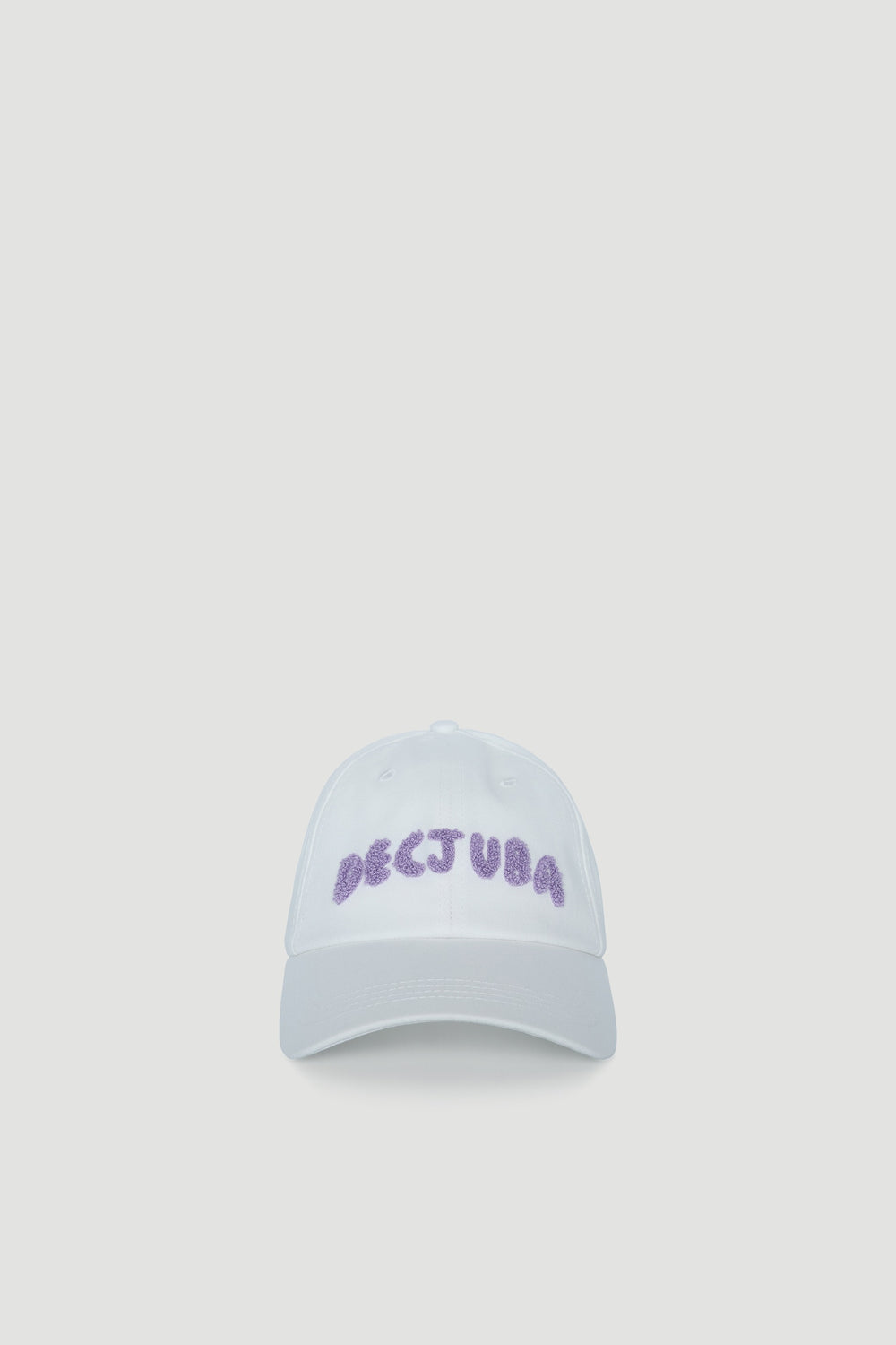 White cap for girls featuring textured lilac lettering for a cozy, casual look.
