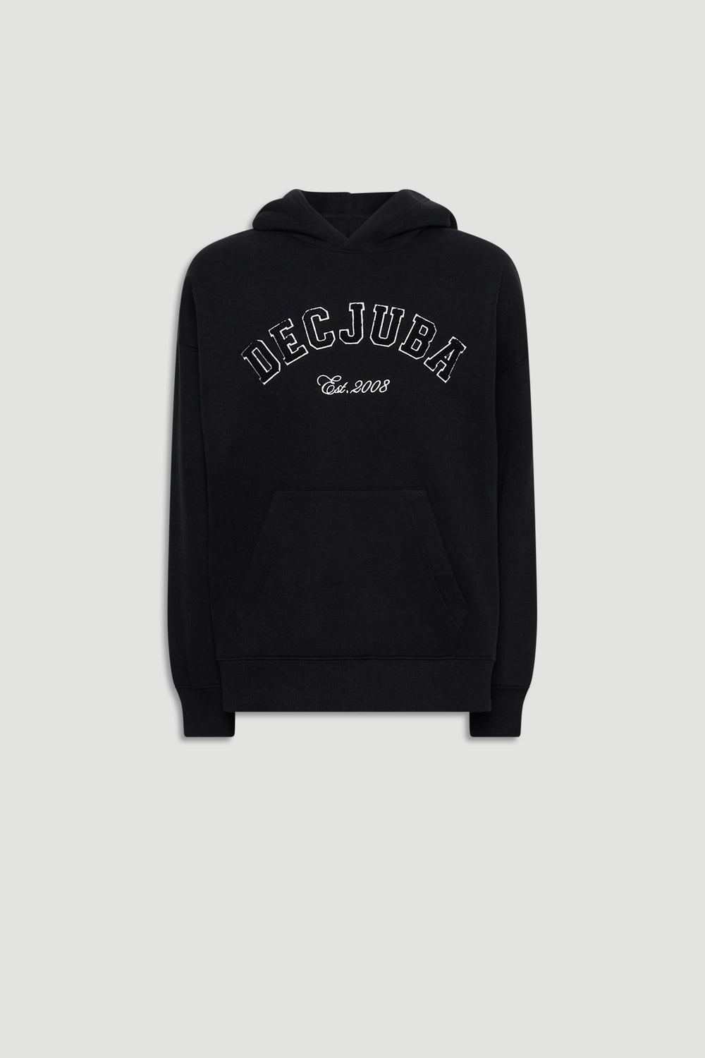 Black oversized hoodie with front kangaroo pocket and bold embroidered logo for relaxed, casual wear.