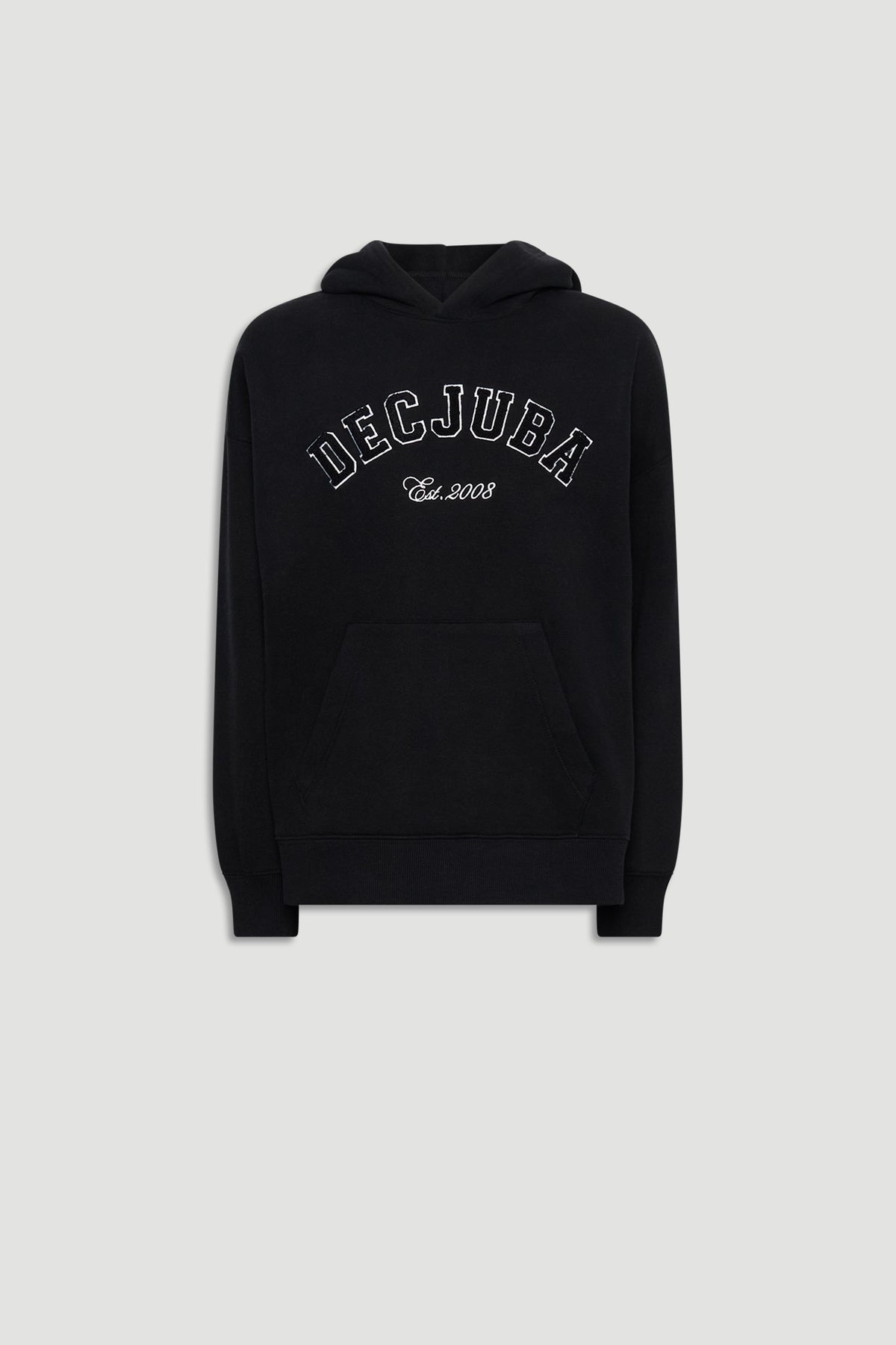 Black oversized hoodie with front kangaroo pocket and bold embroidered logo for relaxed, casual wear.