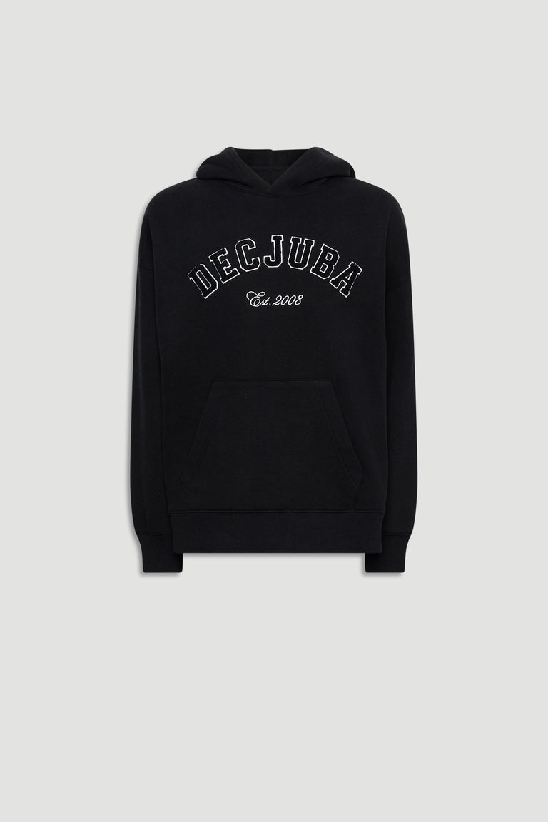 Black oversized hoodie with front kangaroo pocket and bold embroidered logo for relaxed, casual wear.