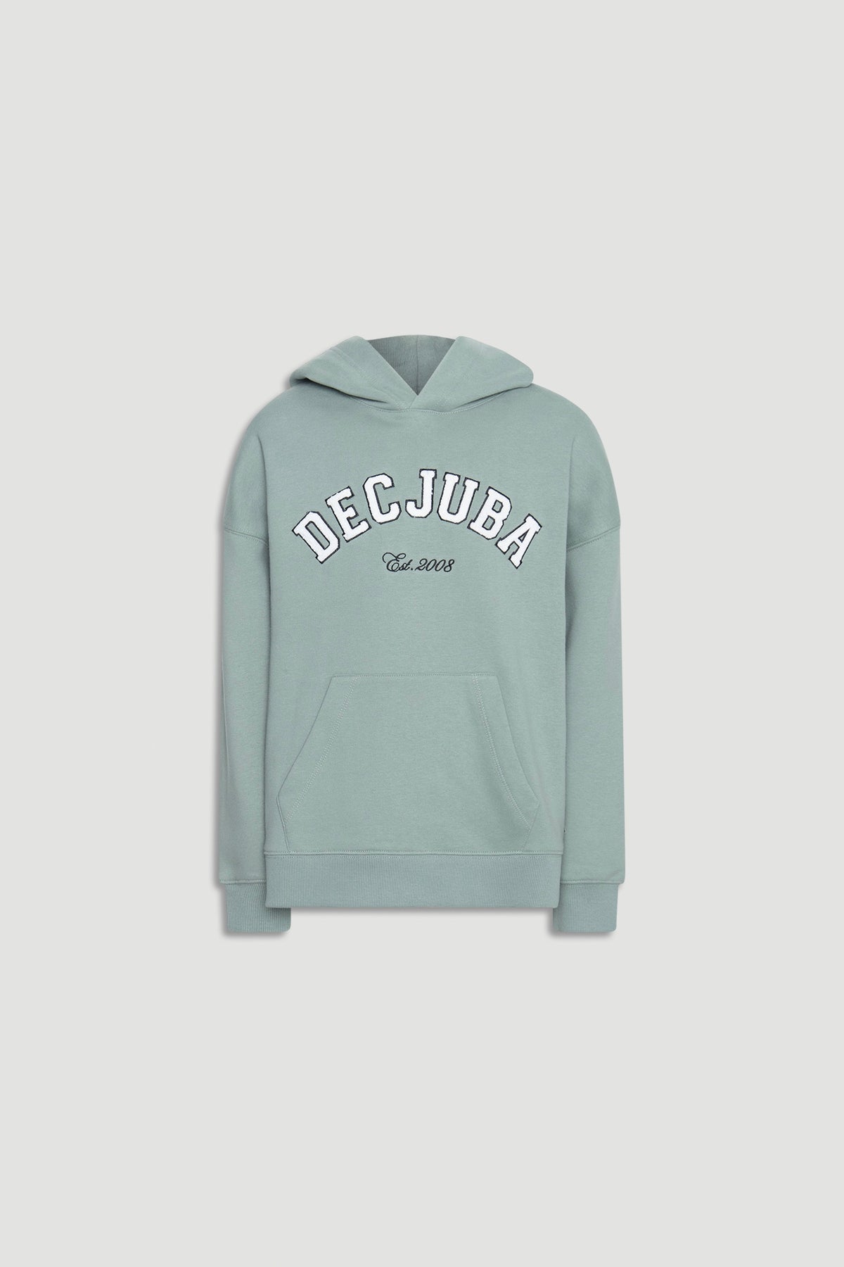 Soft moss green oversized hoodie with front kangaroo pocket and bold embroidered Decjuba logo across chest