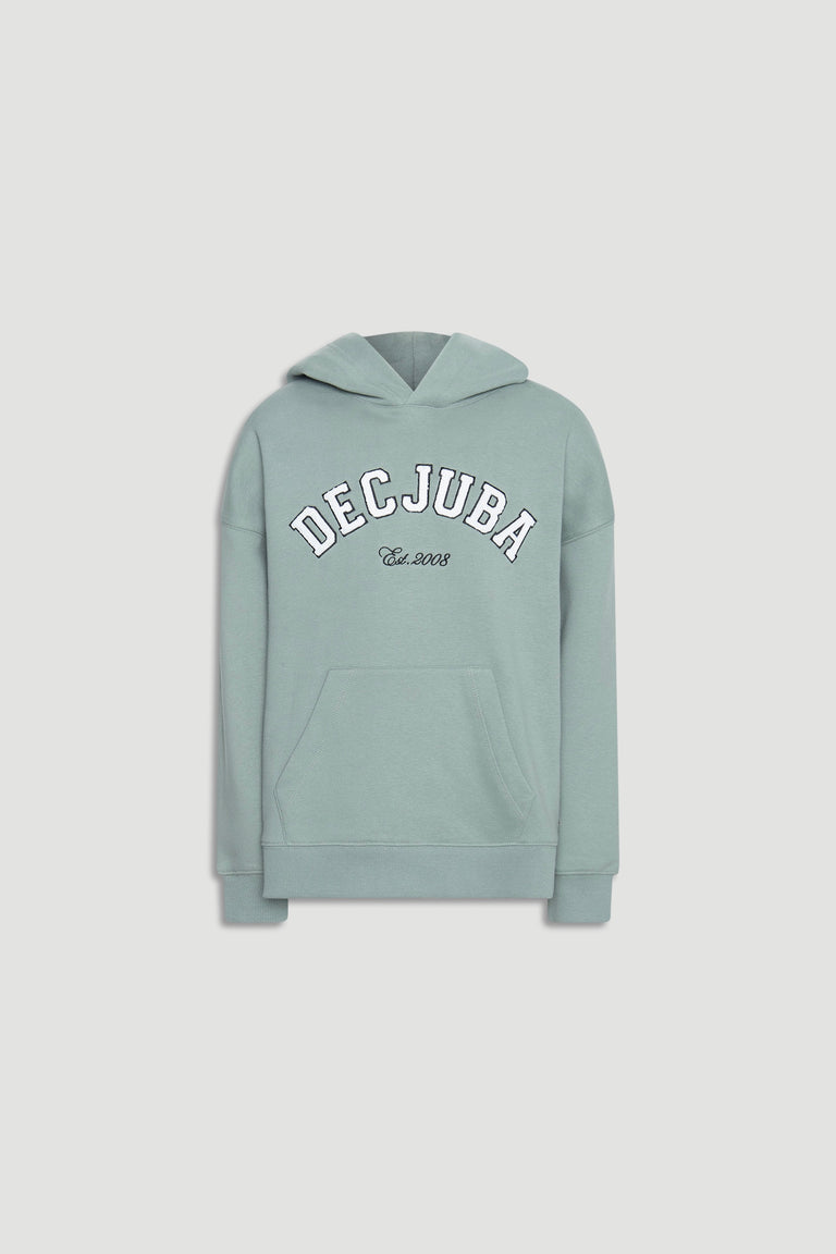 Soft moss green oversized hoodie with front kangaroo pocket and bold embroidered Decjuba logo across chest