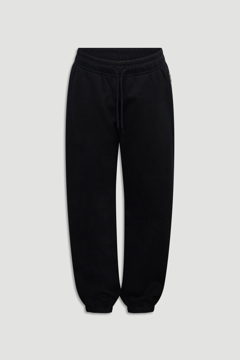Classic black track pants for girls with elastic cuffs and a comfortable drawstring waist for easy wear.