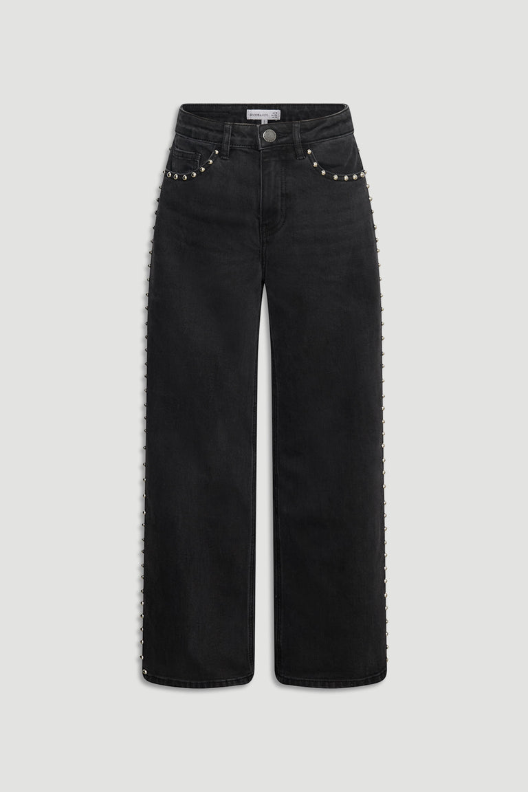 Girls Hailey Studded Jean in black denim with stud embellishments along pockets and side seams by DECJUBA Australian fashion brand