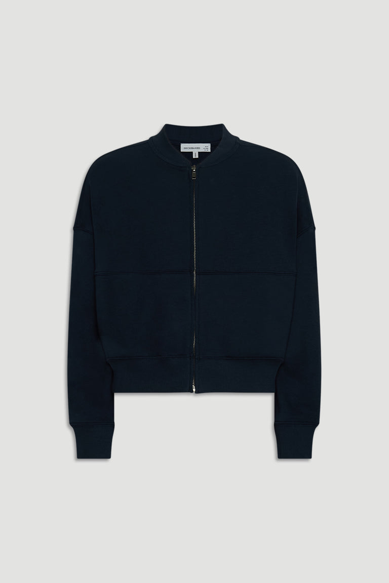 Navy girls’ fleece bomber jacket with a zip front, ribbed cuffs, and a relaxed fit for everyday ease.