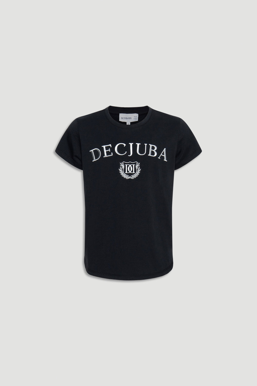 Girls Decjuba Heritage Tee in black with a classic crew neck and white embroidered logo for timeless casual style.
