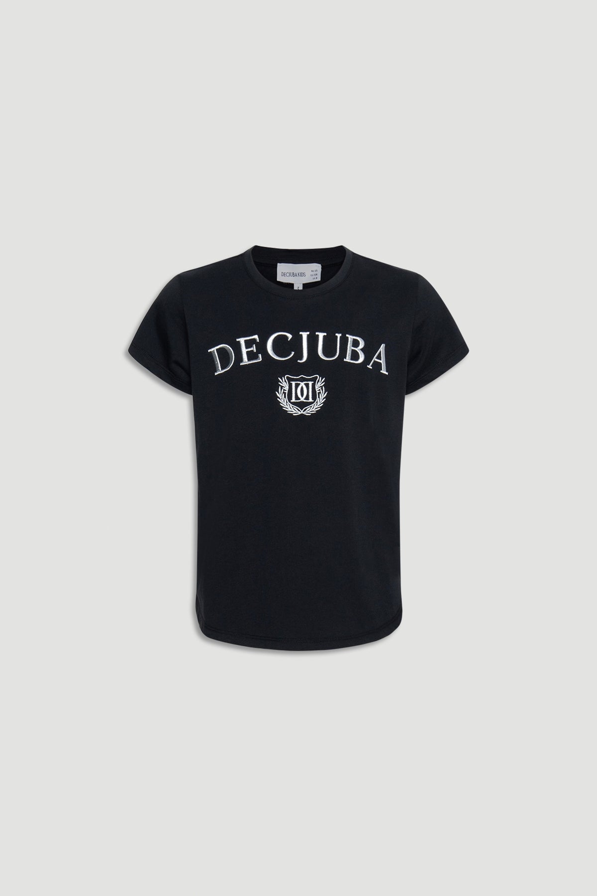 Girls Decjuba Heritage Tee in black with a classic crew neck and white embroidered logo for timeless casual style.