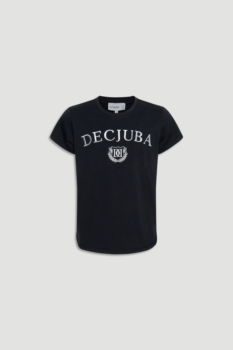 Girls Decjuba Heritage Tee in black with a classic crew neck and white embroidered logo for timeless casual style.