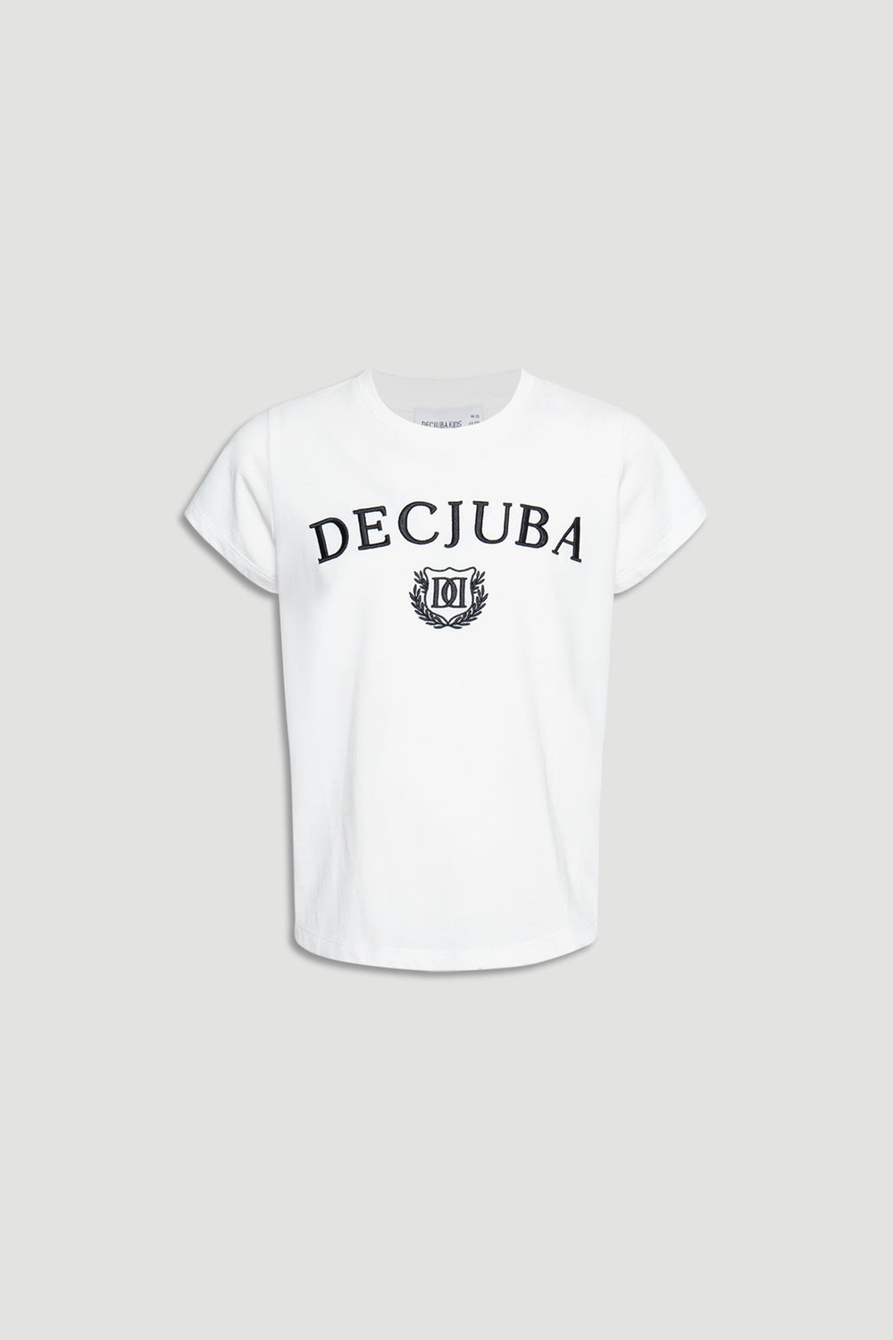 Girls white tee with rolled short sleeves and bold black Decjuba logo across the chest for casual wear.