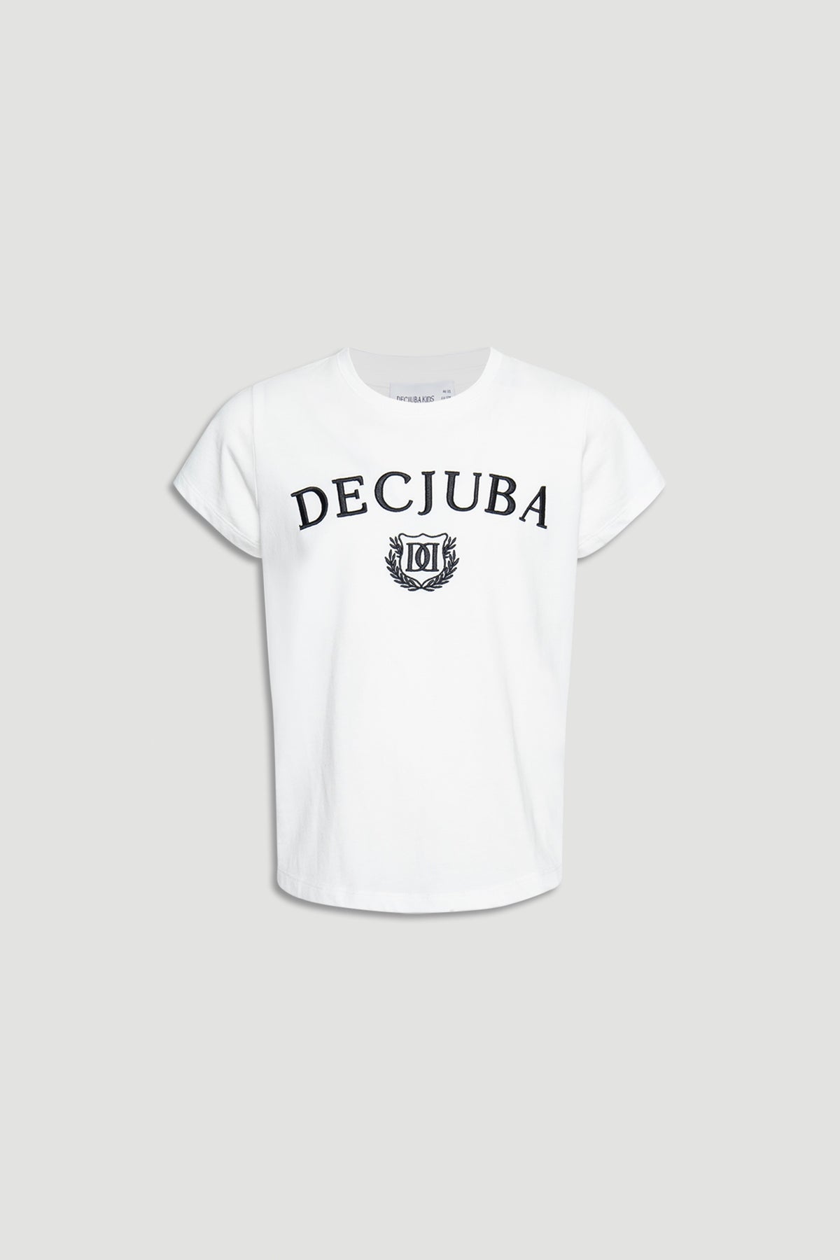 Girls white tee with rolled short sleeves and bold black Decjuba logo across the chest for casual wear.