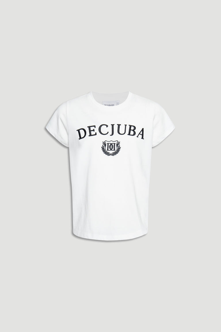 Girls white tee with rolled short sleeves and bold black Decjuba logo across the chest for casual wear.
