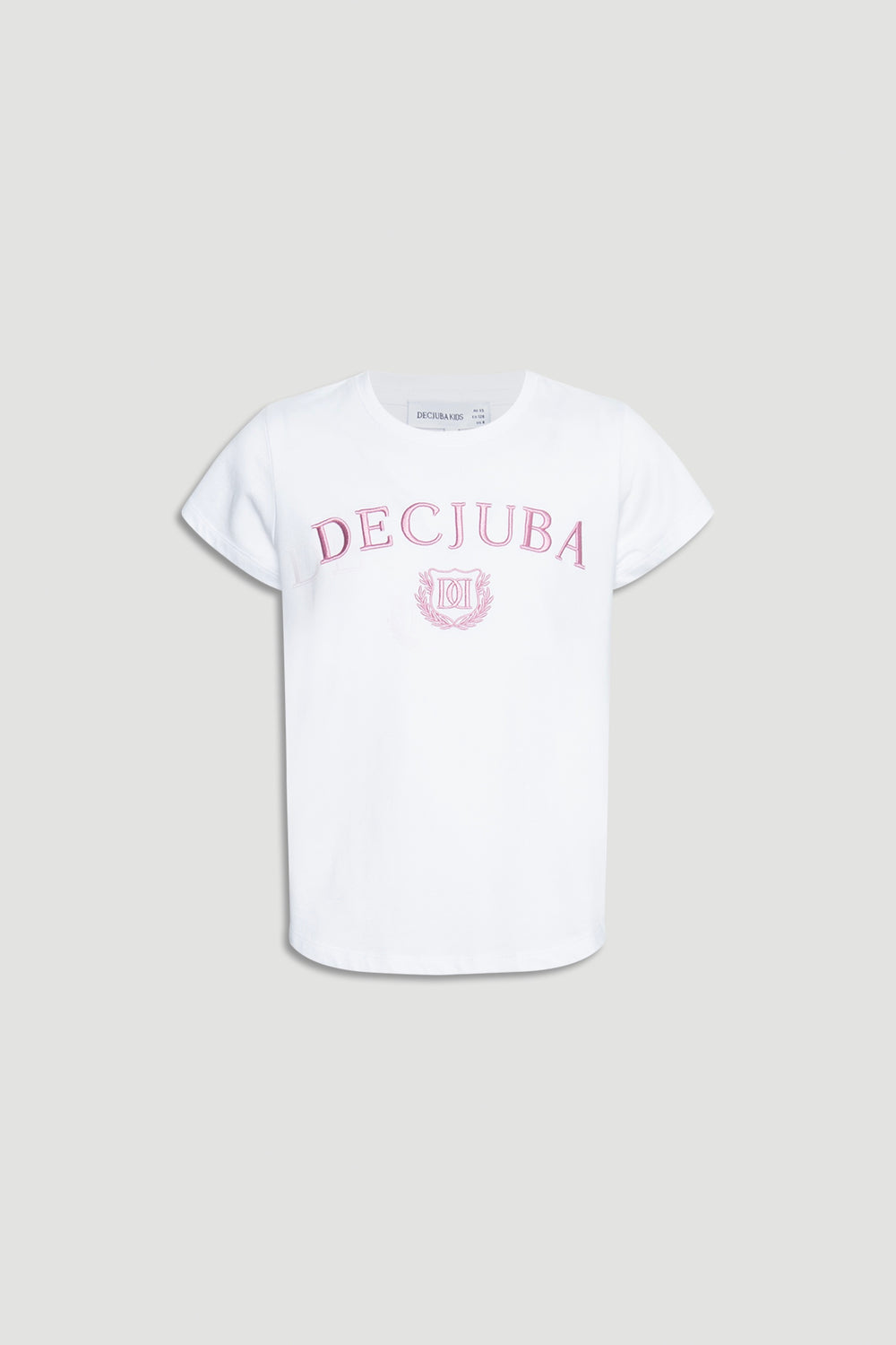 Girls Decjuba Heritage Tee in white with soft pink logo print, featuring a relaxed fit and classic crew neckline.