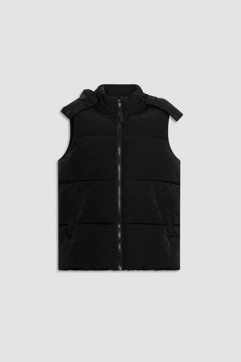 Girls Hooded Puffer Vest in classic black with a detachable hood and front zipper for warm, versatile layering.