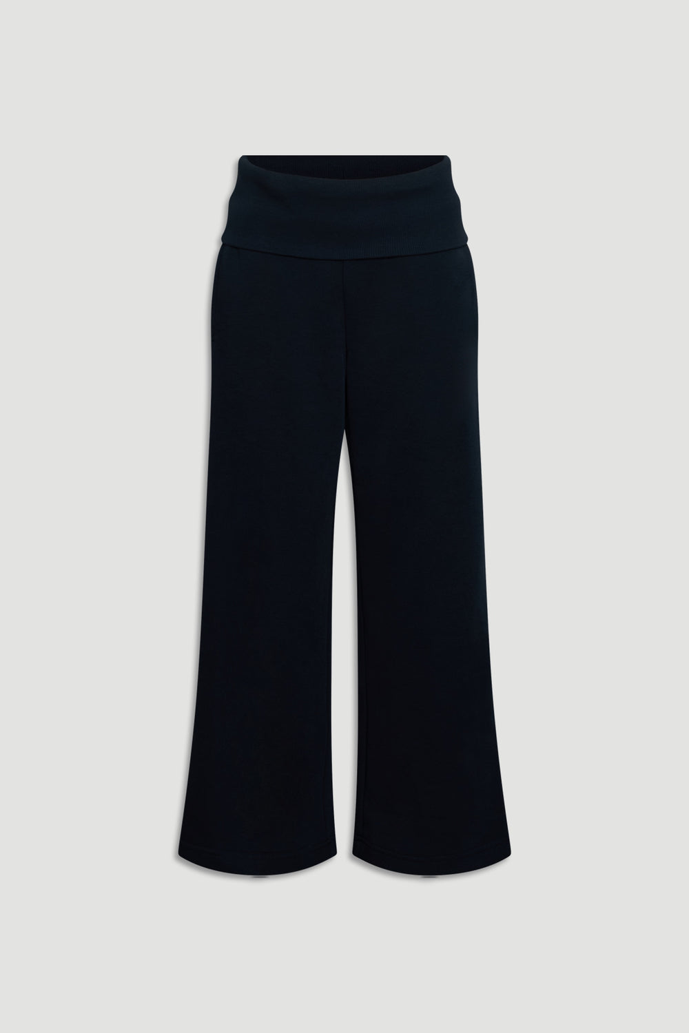 Navy blue rolled waist pants for girls, featuring a relaxed fit and soft, comfortable fabric for everyday wear.