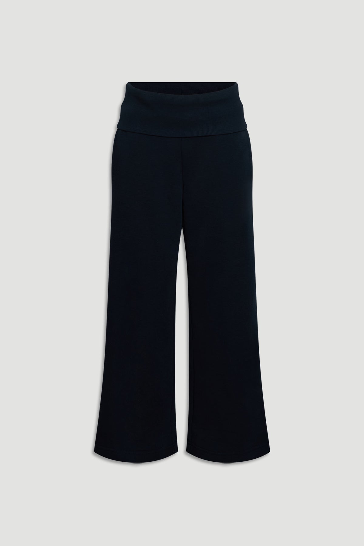 Navy blue rolled waist pants for girls, featuring a relaxed fit and soft, comfortable fabric for everyday wear.