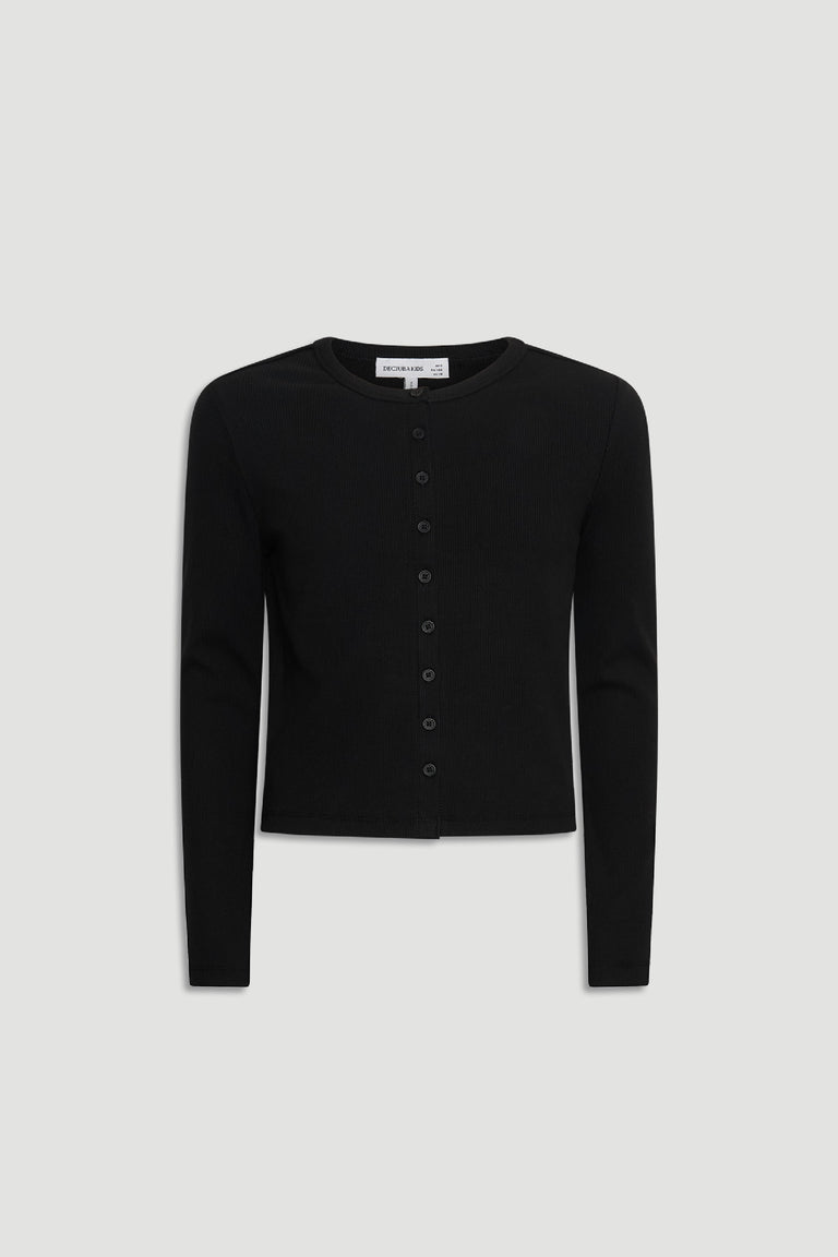 Girls Riley Rib Long Sleeve in black, fitted rib cotton with button-through front, gallery image 4 portrait view.