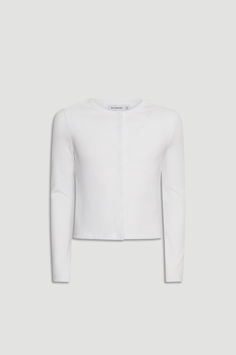 Girls Riley Rib Long Sleeve in white, button-through front, fitted rib cotton, gallery position 4 portrait view