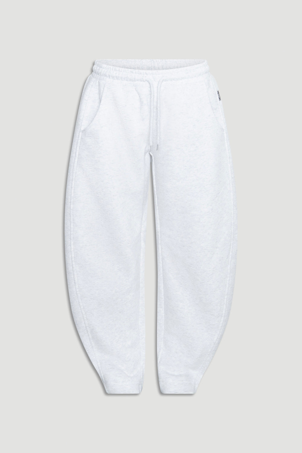 Light grey girls' barrel leg track pants with elastic waistband and drawstring for a comfortable casual fit
