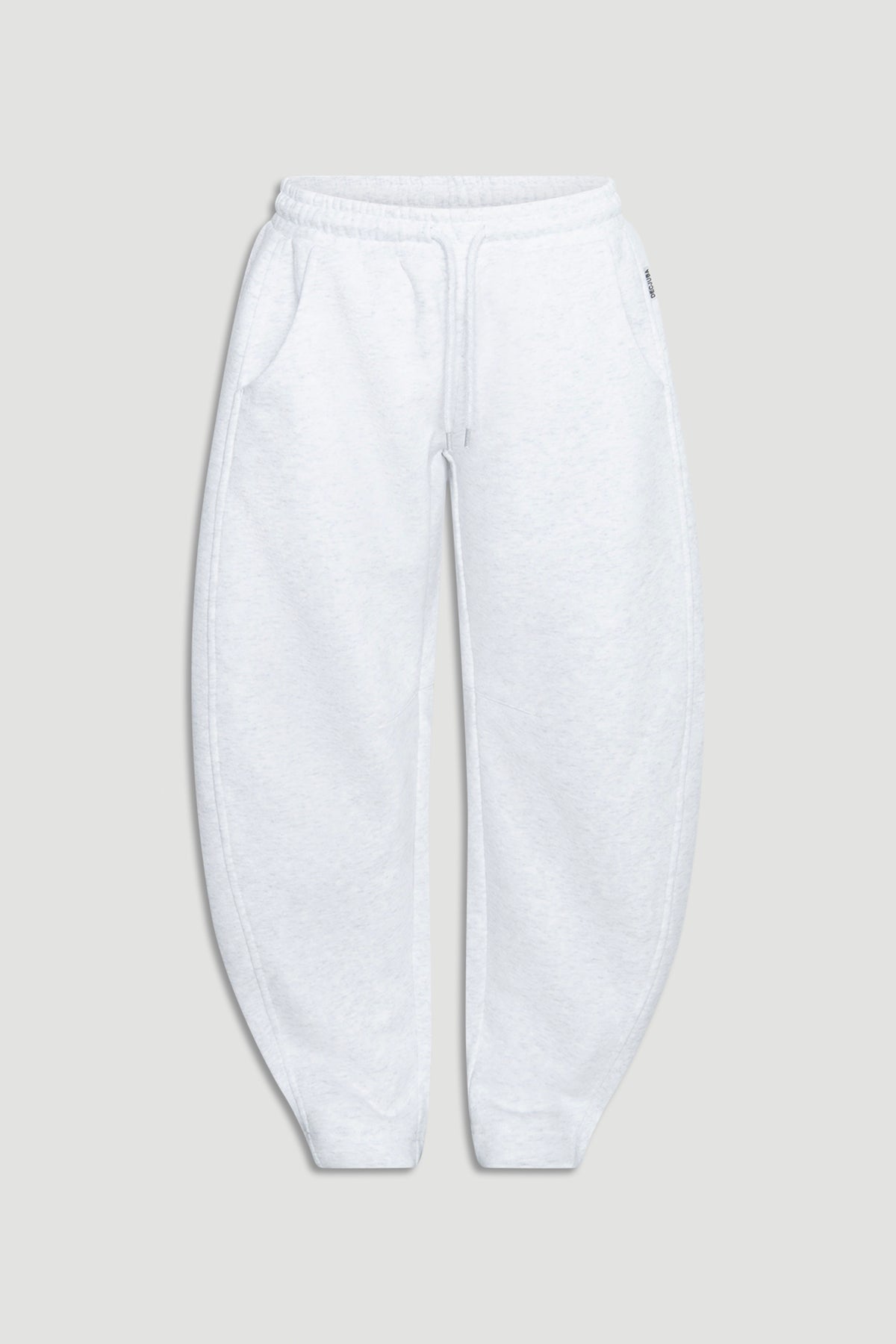 Light grey girls' barrel leg track pants with elastic waistband and drawstring for a comfortable casual fit