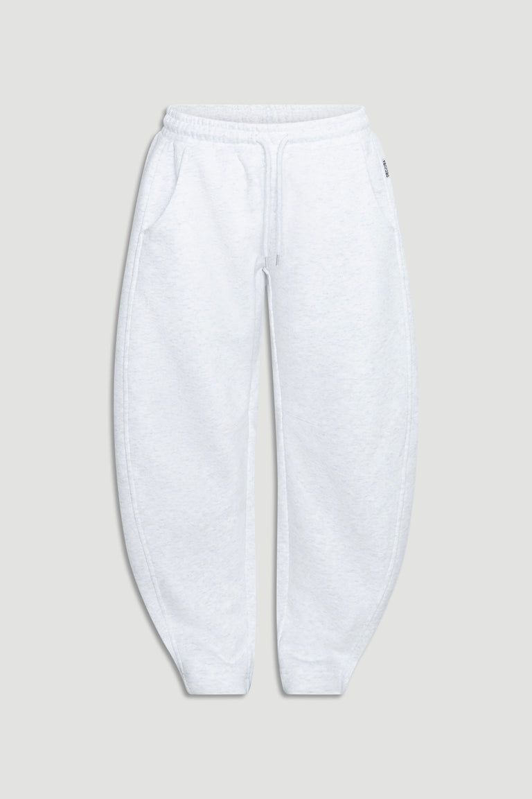 Light grey girls' barrel leg track pants with elastic waistband and drawstring for a comfortable casual fit