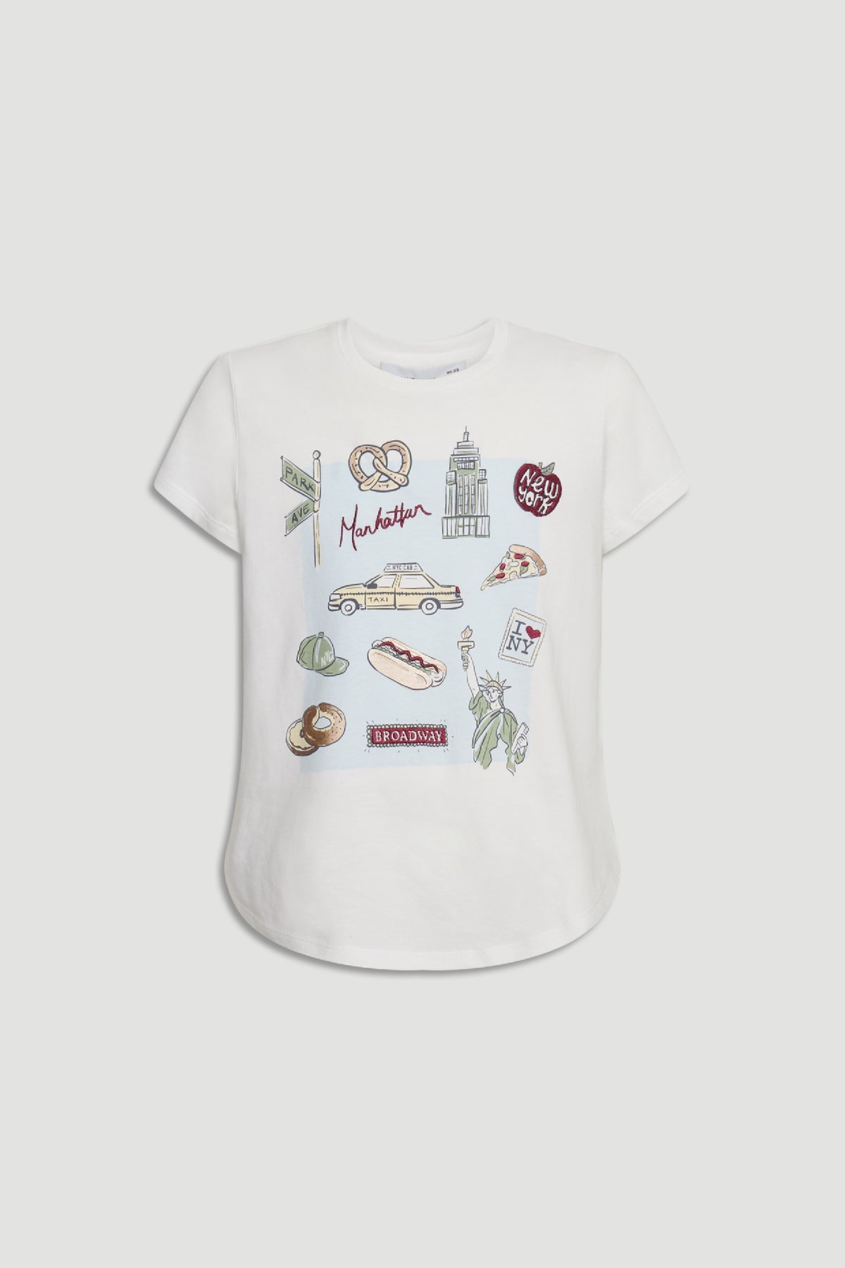 Girls New York City Tee in portrait gallery position 4 featuring iconic NYC symbols and embellishments on a white tee.