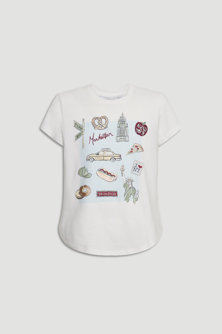 Girls New York City Tee in portrait gallery position 4 featuring iconic NYC symbols and embellishments on a white tee.