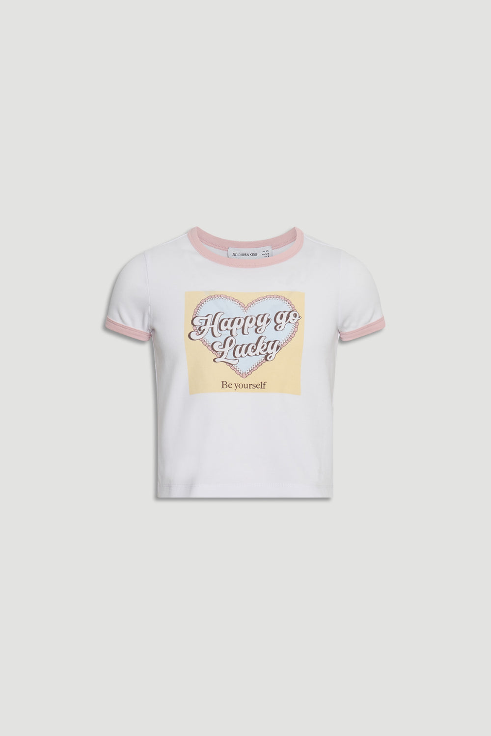 Girls Cropped Ringer Tee in white with pink trim and graphic heart print, designed for casual girls' style by DECJUBA Australian brand