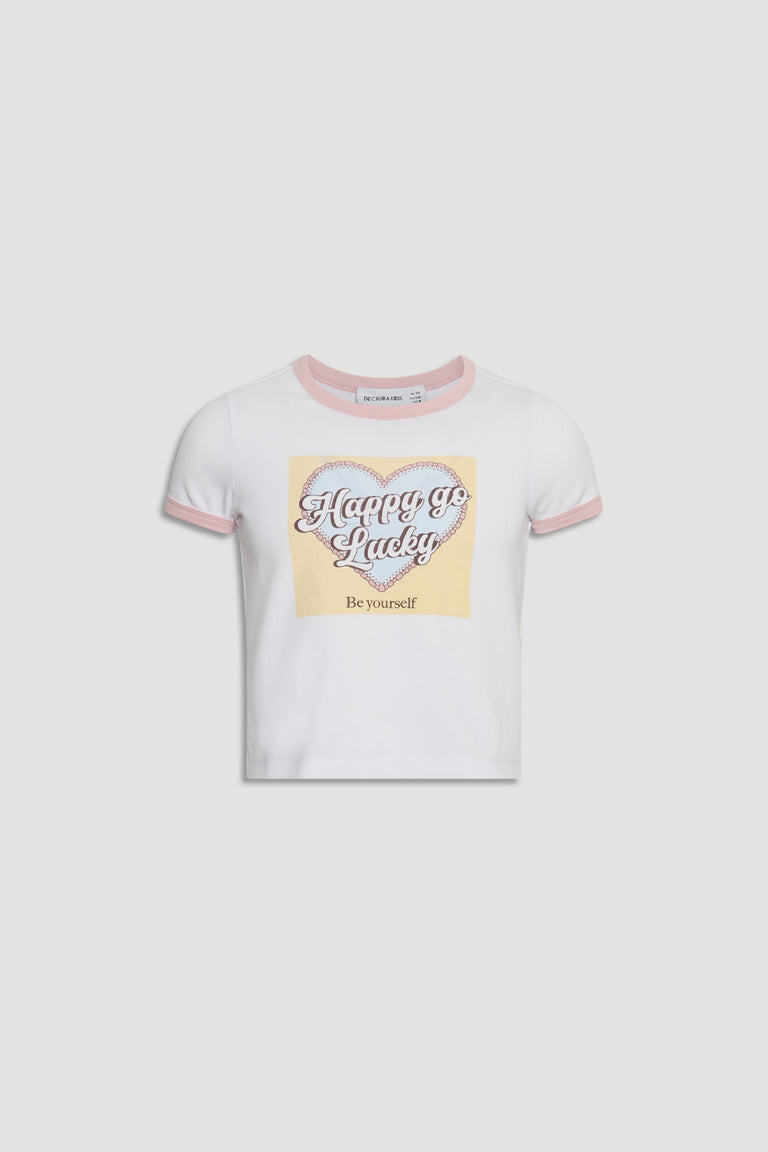Girls Cropped Ringer Tee in white with pink trim and graphic heart print, designed for casual girls' style by DECJUBA Australian brand